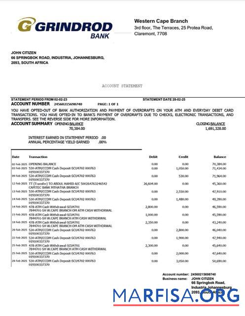 Printable South Africa Grindrod bank statement word example